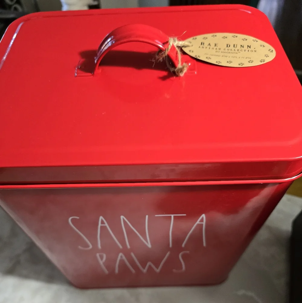 Rae Dunn Artisan SANTA PAWS Red Tin Dog Cat food storage toys collars